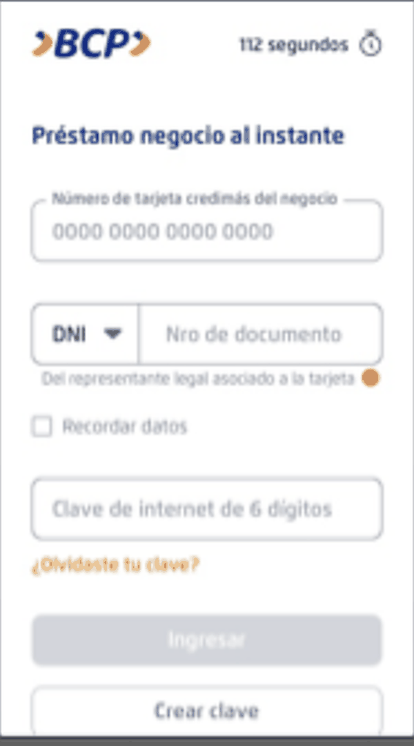 Instant business loan login screen with a business card number field, a document type selector, a six digit internet PIN field and a session timer.