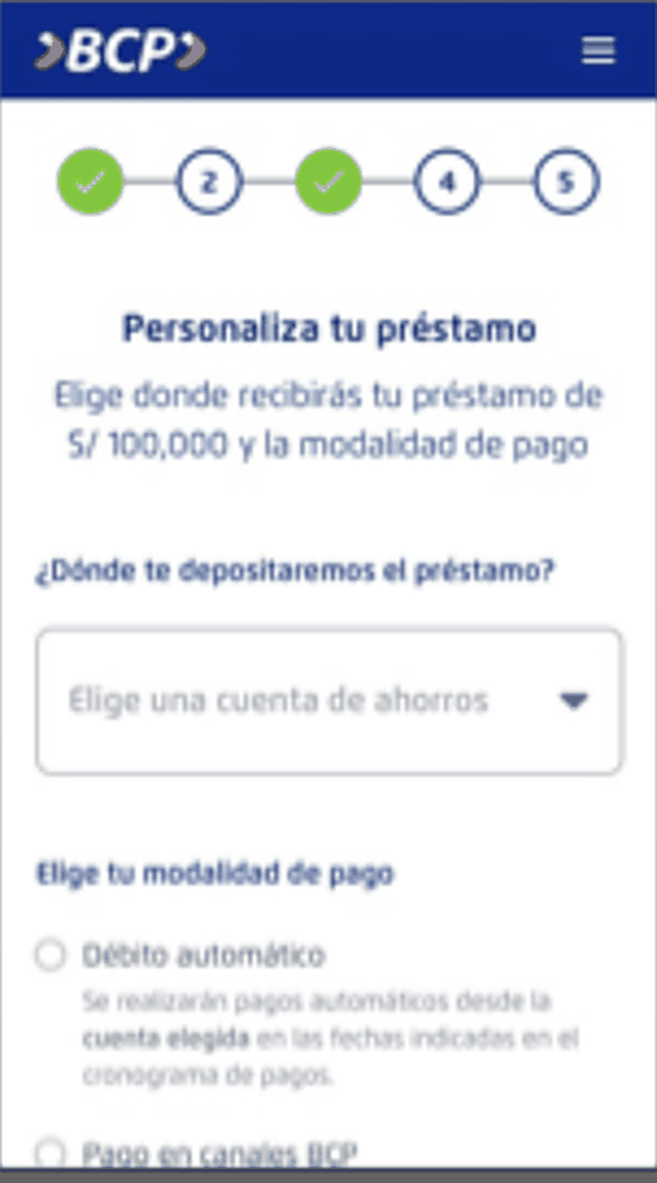 Personalize screen asking where to deposit the loan and how to repay it, with automatic debit or paying at bank channels explained in plain language.