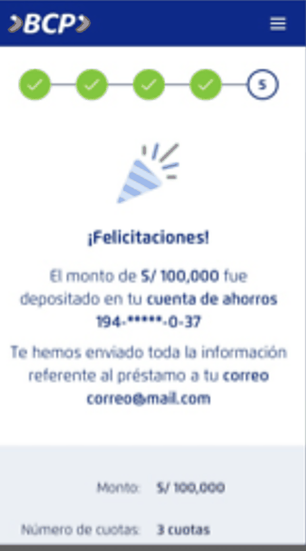 Congratulations screen confirming the amount was deposited into a masked savings account, with the loan summary and a confirmation email note.