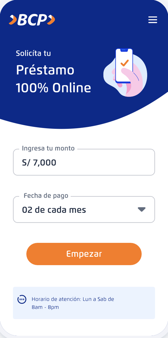 Loan entry screen with an amount field prefilled at S/ 7,000, a payment date selector, and an orange Start button.