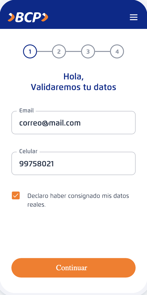 Data validation screen with email and mobile fields, a plain-language consent checkbox, and a Continue button.