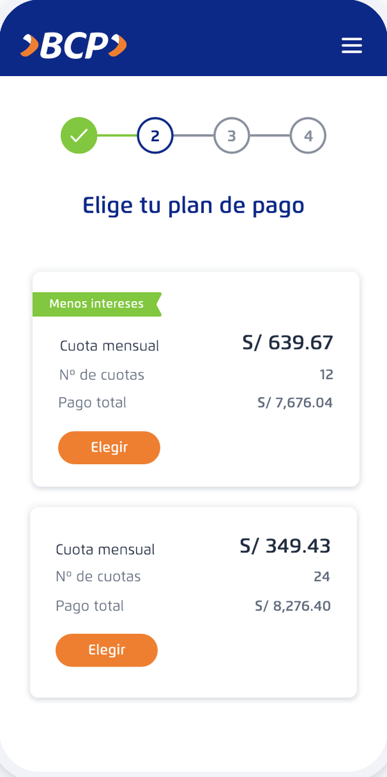 Payment plan screen with two plan cards showing monthly payment, number of installments and total, one tagged with a green Less interest ribbon.