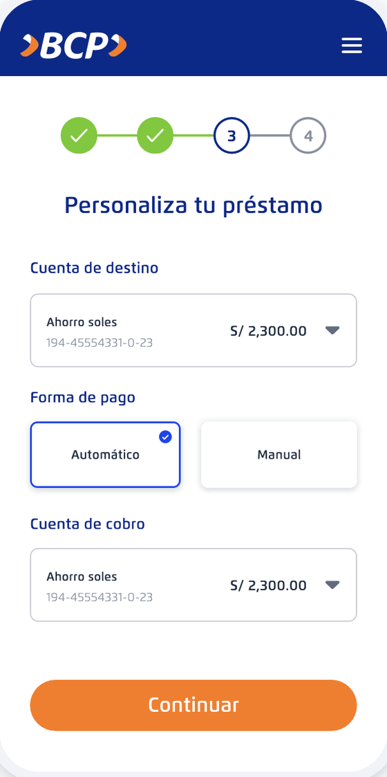 Personalize screen with a destination account dropdown and a choice between automatic and manual payment.
