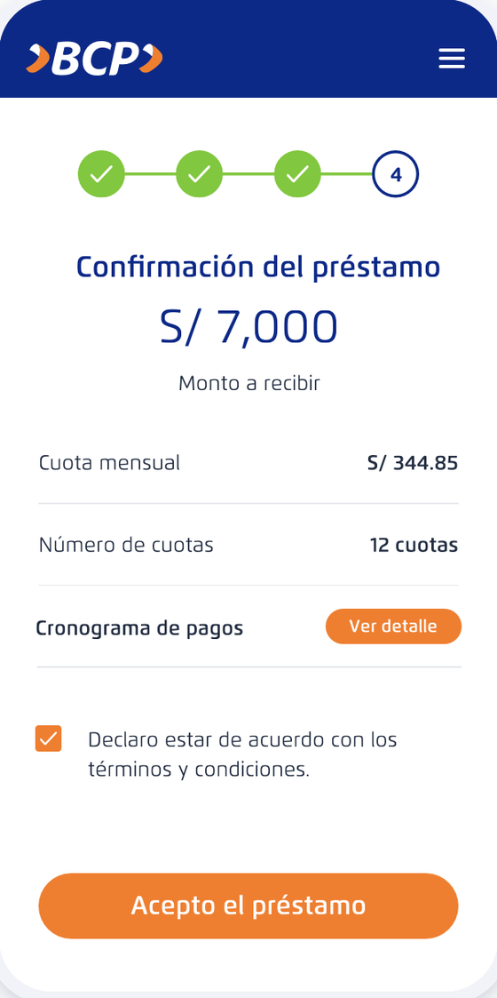 Confirmation screen showing the amount to receive, monthly payment, number of installments, a link to the payment schedule and an accept button.