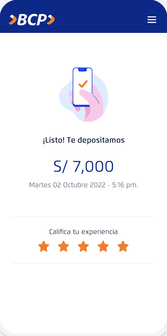 Success screen confirming the money was deposited, with a five star rate your experience prompt.