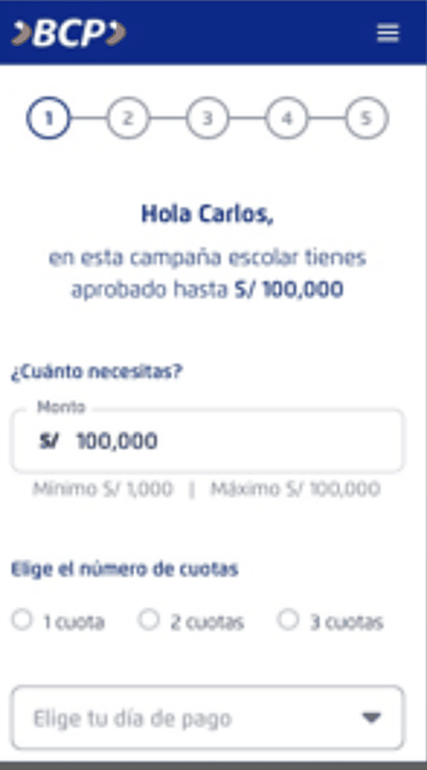 Business loan simulator greeting a customer by name, telling them they are pre-approved up to S slash 100,000 for the school season campaign, with an amount field, installment options and a payment day selector.