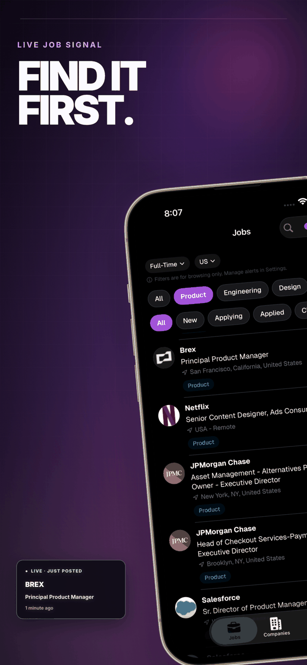 Trackly App Store screenshot titled Find it first, showing a live job feed with roles from Brex, Netflix, JPMorgan Chase and Salesforce.