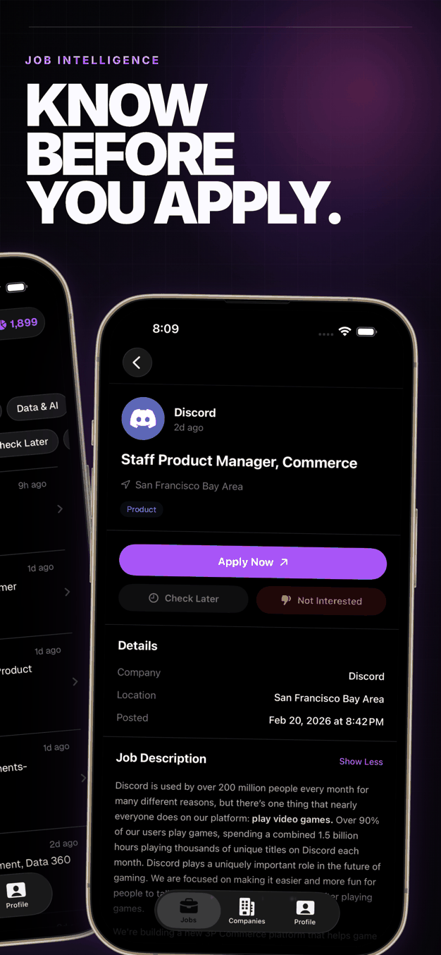 Trackly App Store screenshot titled Know before you apply, showing a job detail screen for a Staff Product Manager role at Discord.