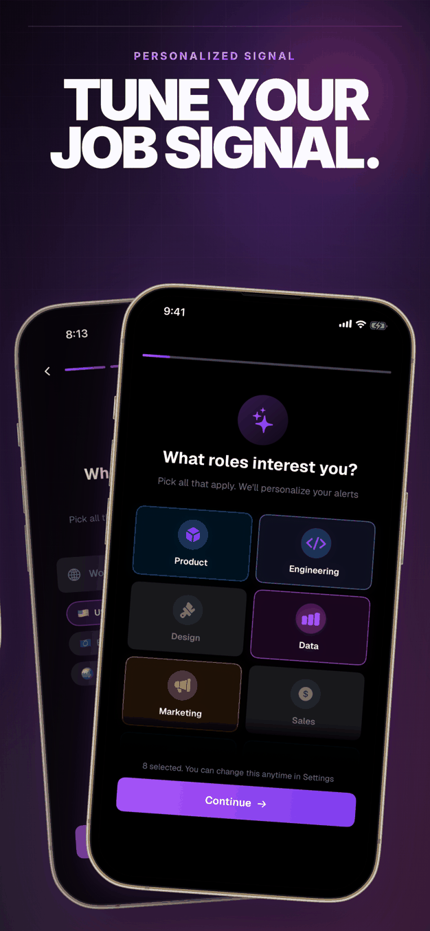 Trackly App Store screenshot titled Tune your job signal, showing an onboarding screen where the user picks the role families that interest them.